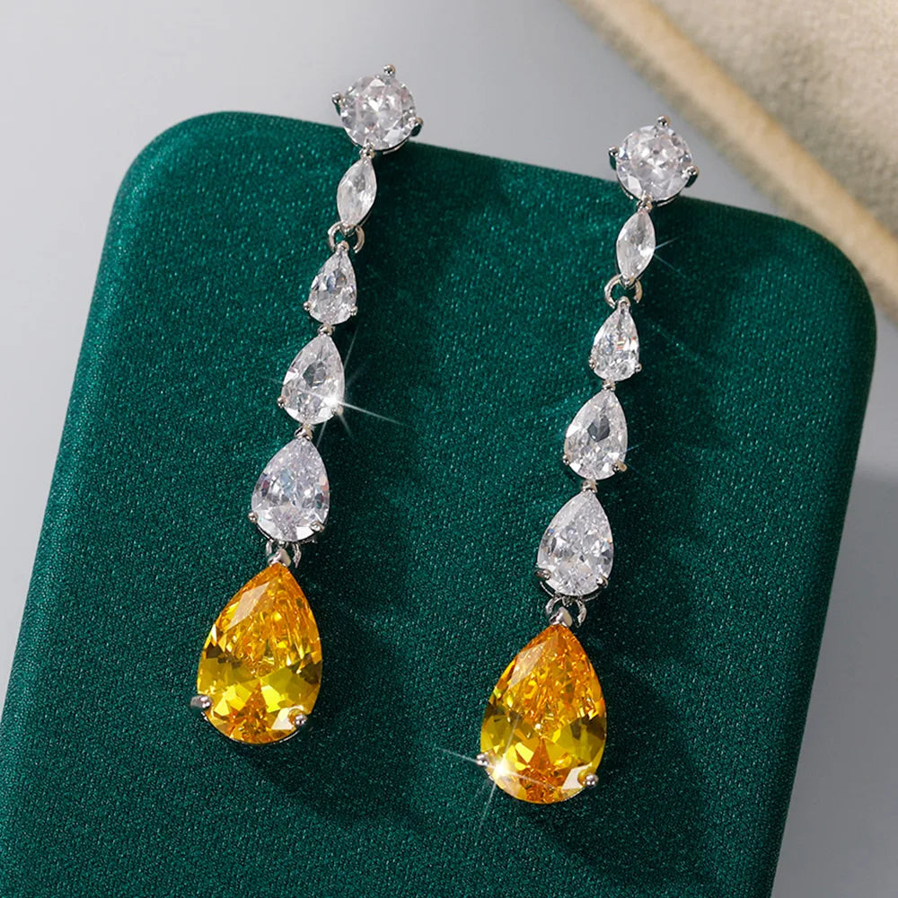 Bright Pear Yellow Cubic Zirconia Long Hanging Earrings Romantic Bride Wedding Accessory Luxury Fashion Jewelry for Women - EUFASHIONBAGS