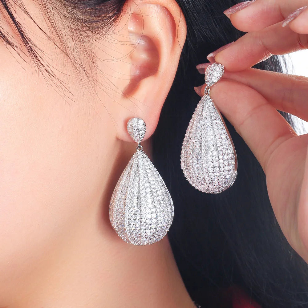 Shiny Full Cubic Zirconia Pave White Gold Color Long Dangling Big Water Drop Earring for Brides Wedding Pageant - EUFASHIONBAGS