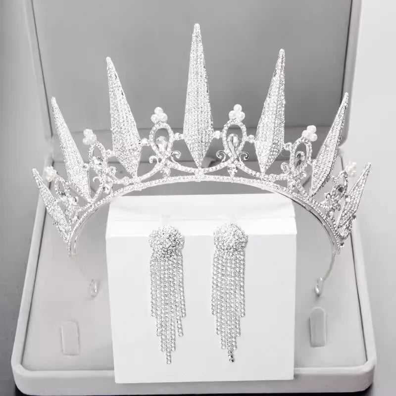 Baroque Luxury Queen Crystal Bridal Tiaras Crowns Earrings Set For Women Girls Wedding Diadem Princess Party Hair Dress Jewelry