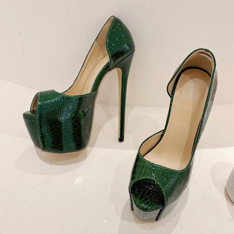 2025 New Green Snake Print Leather Platform Pumps Women Sexy Slingback Peep Toe Extreme High Heels Strip Pole Dance Shoes - EUFASHIONBAGS