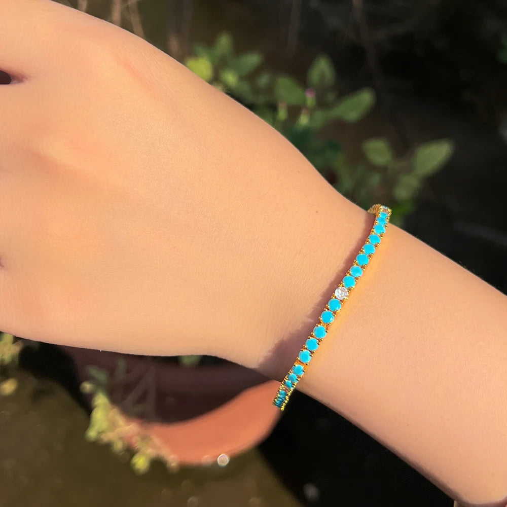 New Fashion 3mm Round Blue Turquoises Stone Classic Tennis Chain Bracelets for Women Girl Gold Plated Jewelry - EUFASHIONBAGS