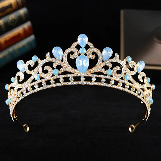 Blue Opal Crystal Bridal Tiaras and Crowns for Queen Bride Headwear Prom Diadem Wedding Crown Hair Jewelry Accessories - EUFASHIONBAGS