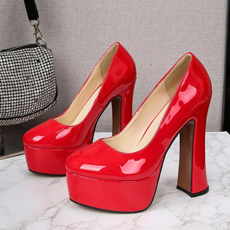 Sexy Pink Patent Leather Chunky Platform High Heels Wedding Banquet Shoes Spring Autumn Round Toe Slingback Women Pumps - EUFASHIONBAGS