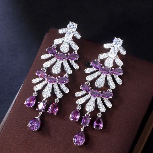 Royal Purple Cubic Zircon Stone Long Dangle Drop Women Engagement Wedding Party Chandelier Earrings for Brides