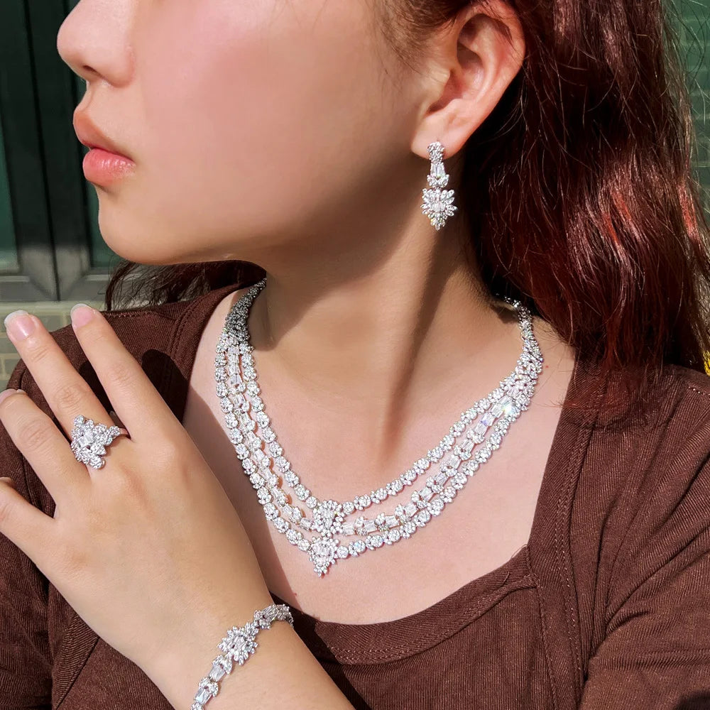 Cubic Zirconia Big Multiple Necklace 4pcs UAE Dubai Women Wedding Jewelry Sets Luxury Bridal Costume Accossories - EUFASHIONBAGS