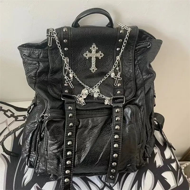 Grunge Rivet Y2k Backpack Women Gothic Subculture Punk Cross Black Mochila Vintage Backpacks Aesthetic - EUFASHIONBAGS