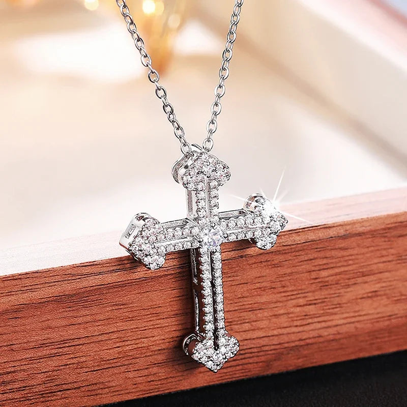 New Trendy Cross Pendant Necklace Women Daily Wear Statement Neck Accessories Gift Sparkling Cubic Zirconia Girls Jewelry - EUFASHIONBAGS