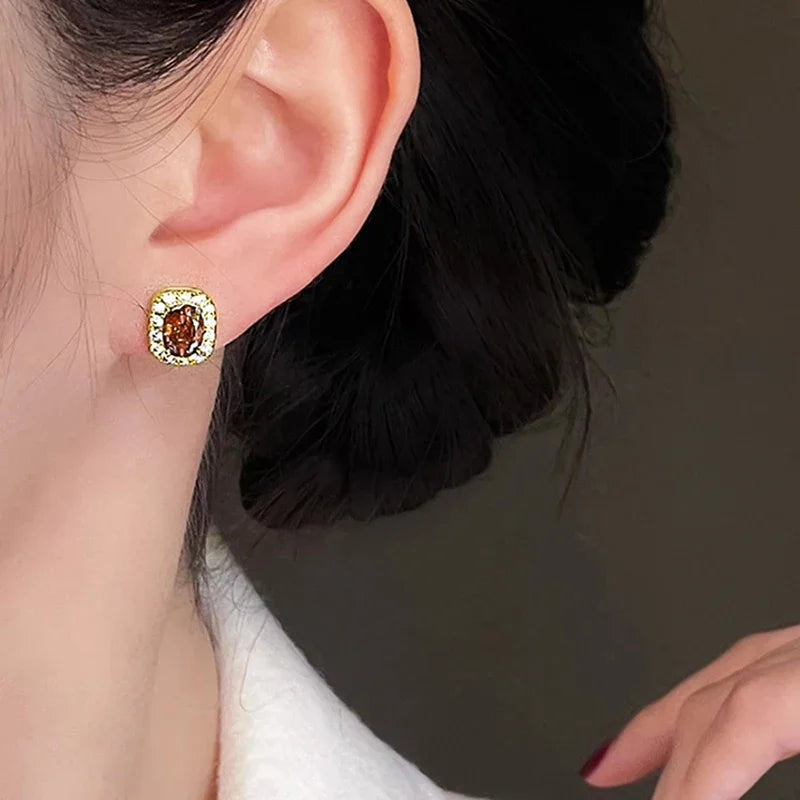 Creative Red Cubic Zirconia Stud Earrings Luxury Noble Ear Accessories for Women Graceful Delicate Engagement Jewelry Hot - EUFASHIONBAGS