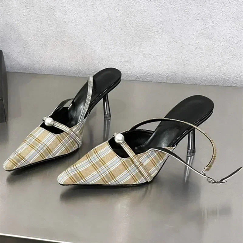 Pointed Toe Retro Plaid High Heels Women Slingbacks Shoes Women Pumps Sexy Office Fashion Dress Shoes Sandalias De Mujer