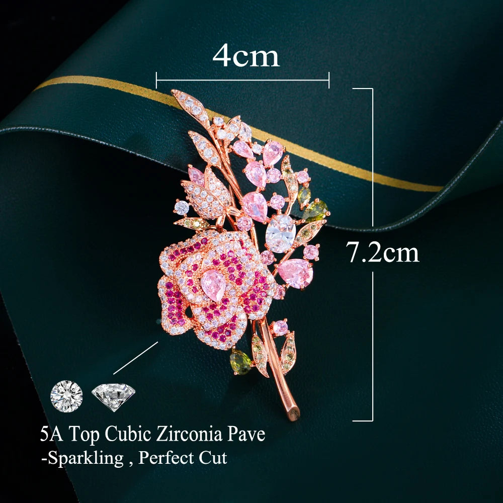 Shiny Top Pink Cubic Zirconia Luxury Chunky Leaf Flower Big Brooch Pin for Women Wedding Party Costume Jewelry - EUFASHIONBAGS