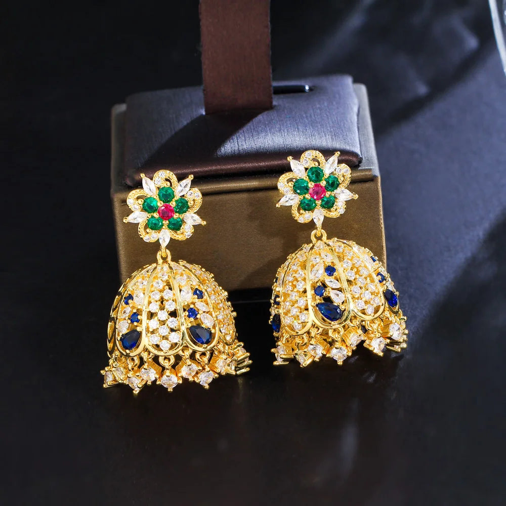 Bling Ethnic Hollow Bell Drop Dangle Chandelier Wedding Party Earrings for Women Indian Gold Plated CZ Jewelry - EUFASHIONBAGS