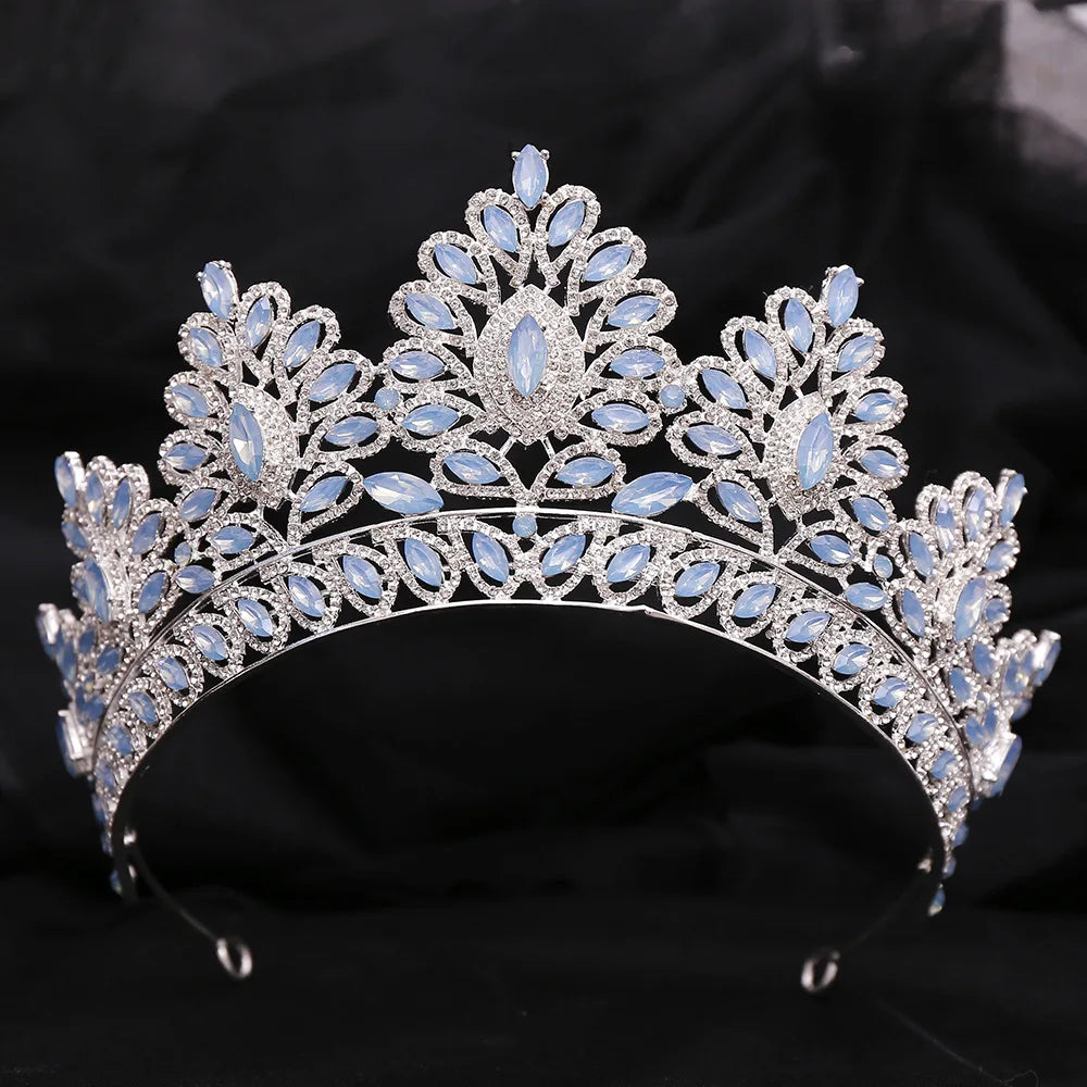 Blue Opal Bride Wedding Crown Princess Headdress Bridal Tiaras Crowns Diadem CZ Headwear Party Wedding Hair Jewelry Accessories - EUFASHIONBAGS