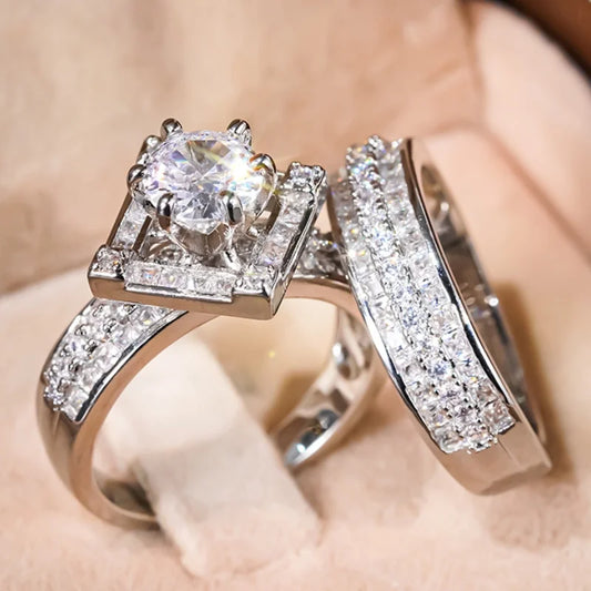 Graceful 2Pcs Set Rings Sparkling Luxury Cubic Zirconia Finger Accessories for Wedding Engagement Chic Fashion Jewelry - EUFASHIONBAGS