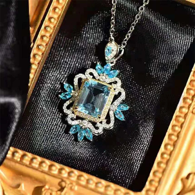 New Creative Design Geometric Shaped Sky Blue CZ Necklace for Women Two Tone Wedding Anniversary Fashion Jewelry - EUFASHIONBAGS