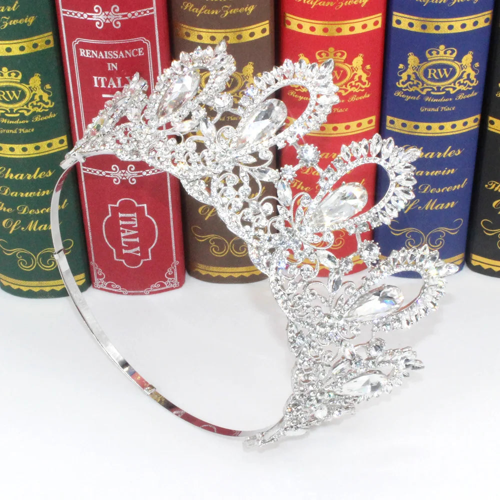 Baroque Miss Universe Crystal Feather Round Bridal Tiaras Crowns Royal Queen Rhinestone Pageant Diadem Wedding Hair Accessories - EUFASHIONBAGS