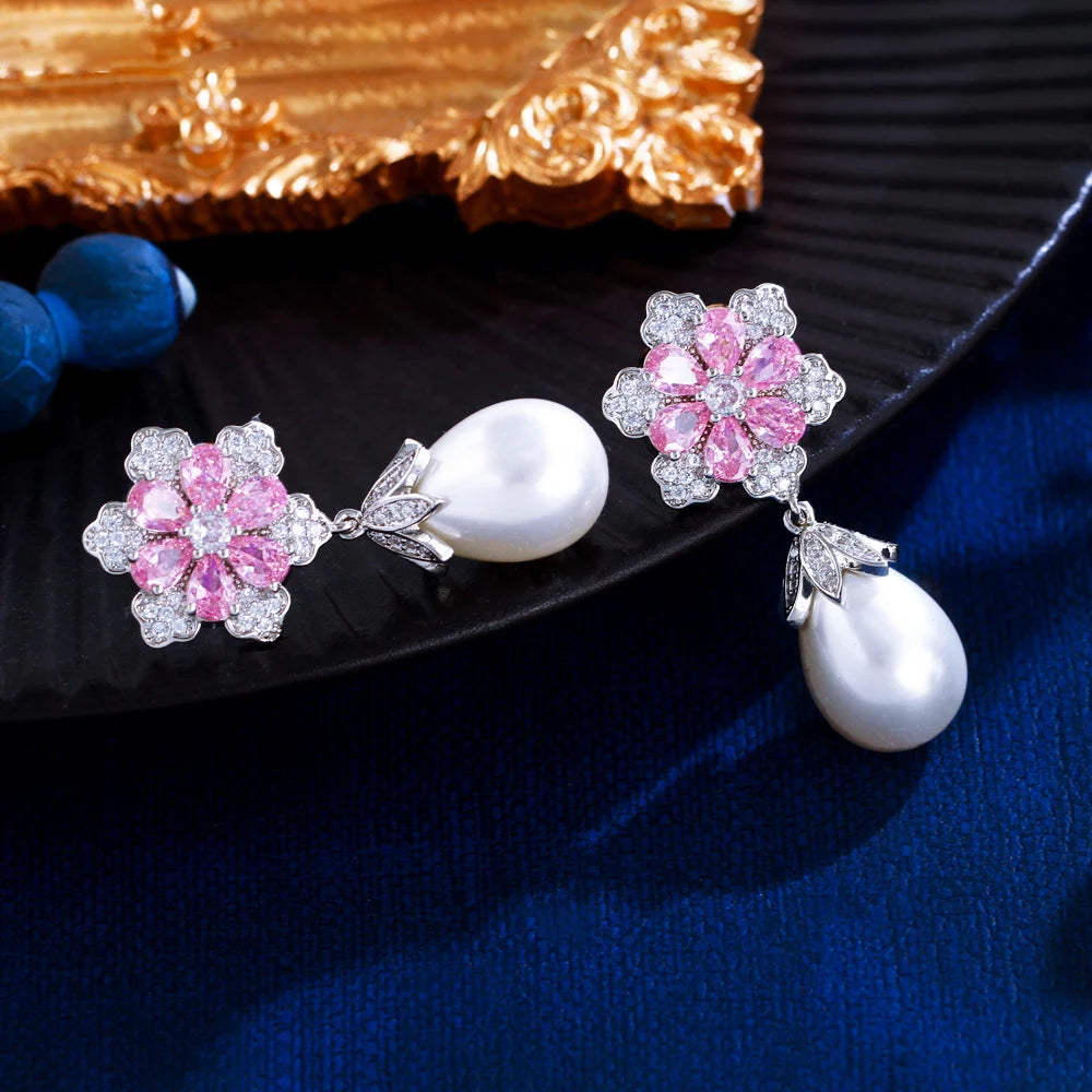 Pink Cubic Zirconia Snow Flower Dangle Drop Long Pearl Earrings for Women Luxury Wedding Party Jewelry - EUFASHIONBAGS