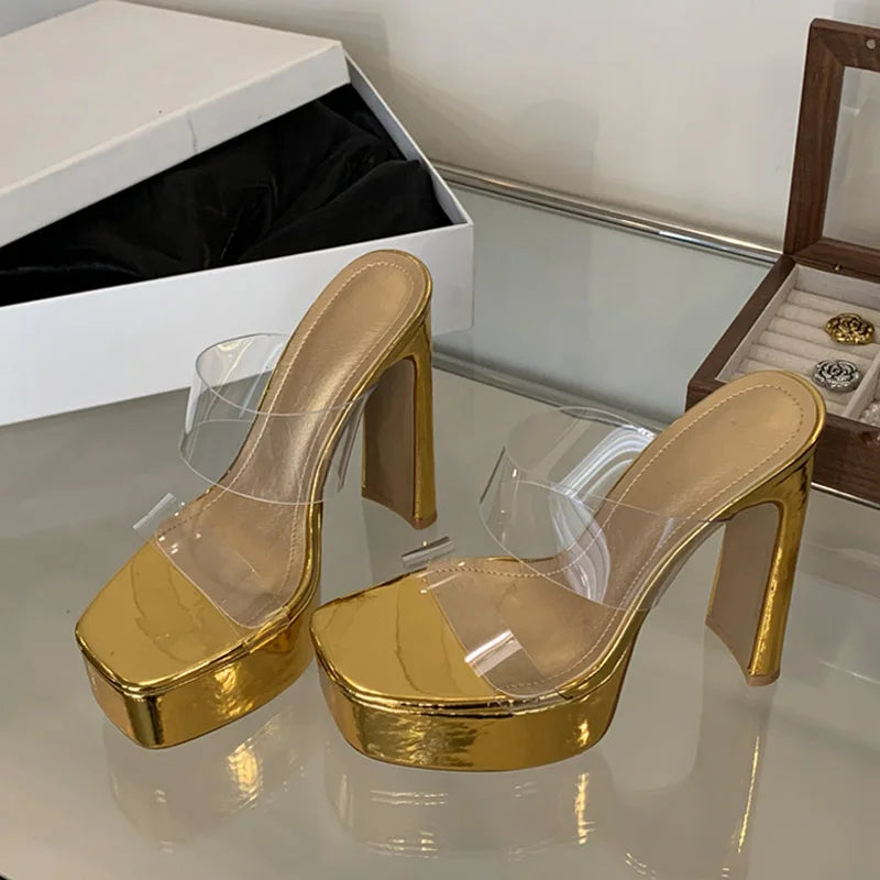 PVC Transparent Women Platform High Heels Modern Slippers Gold Sandals Sexy Thick Bottom Square Toe Party Stripper Shoes - EUFASHIONBAGS