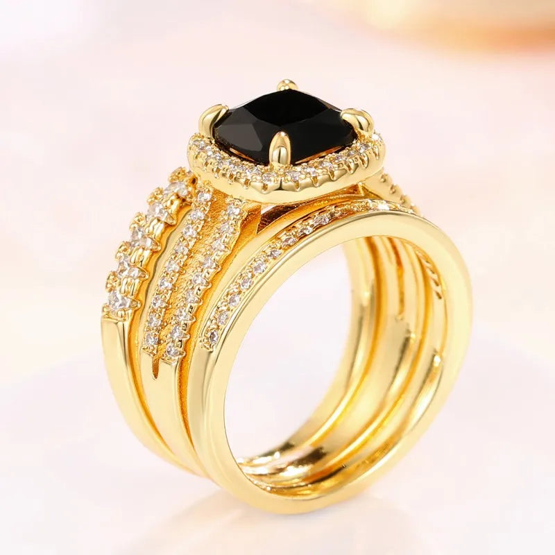 Cushion Black Cubic Zirconia Set Rings Luxury 3Pcs Accessories for Women Modern Design Wedding Fashion Jewelry - EUFASHIONBAGS