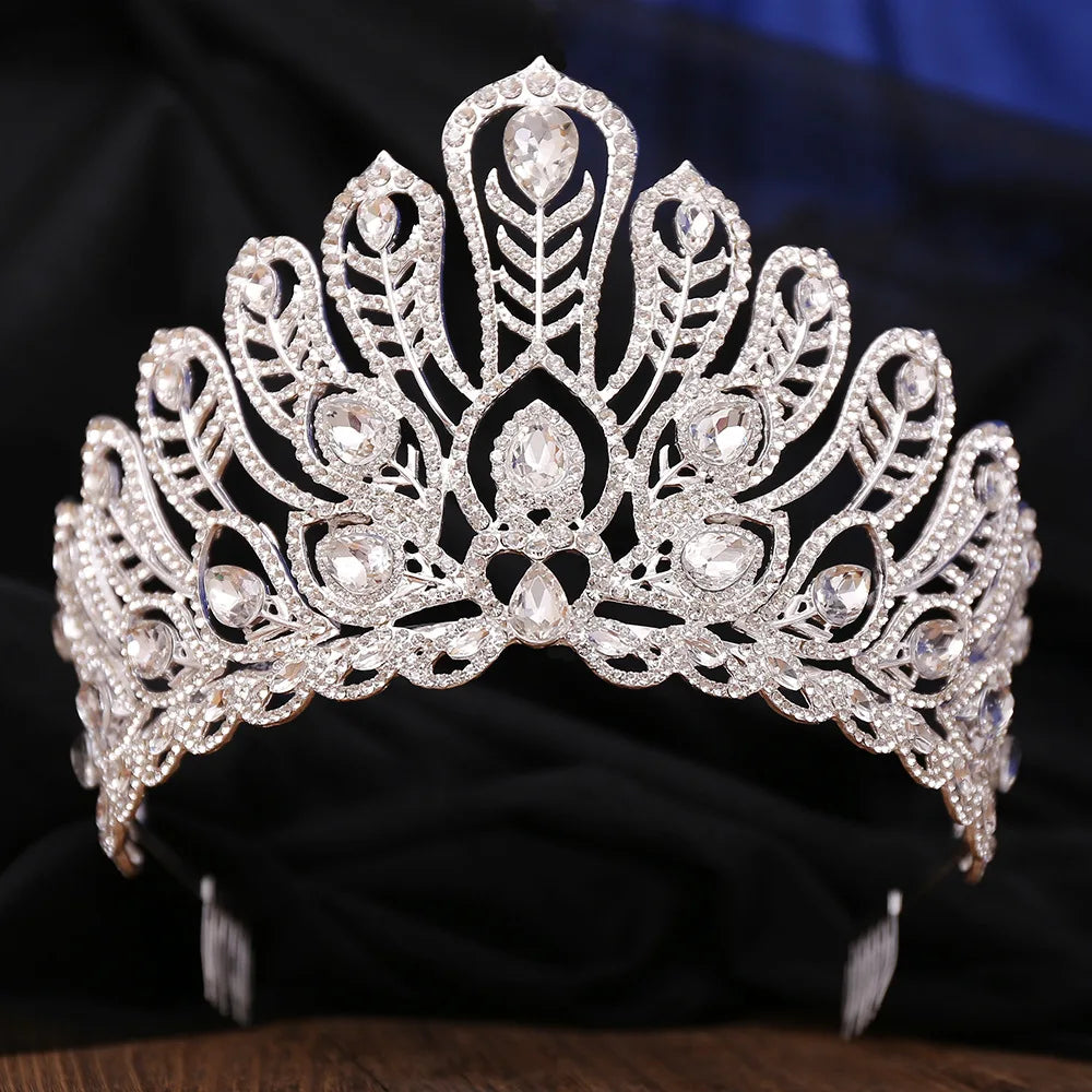 Luxury Royal Queen Rhinestone Wedding Crown Combs for Women Green Crystal Banquet Tiaras Party Costume Hair Jewelry Accessories - EUFASHIONBAGS