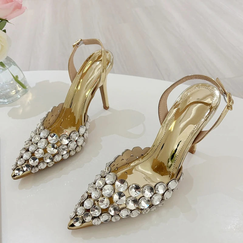 Pointed Toe Slingback Stiletto Sandals Crystal Diamonds Women Pumps High Heels Wedding Prom Shoes Zapatos Mujer