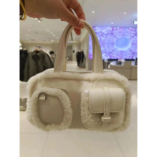 Hot Girls White Handbag Bowling Bag Women High Street Handle Pocket Suede Crossbody Bags Ladies Retro Y2k Hand Bag - EUFASHIONBAGS