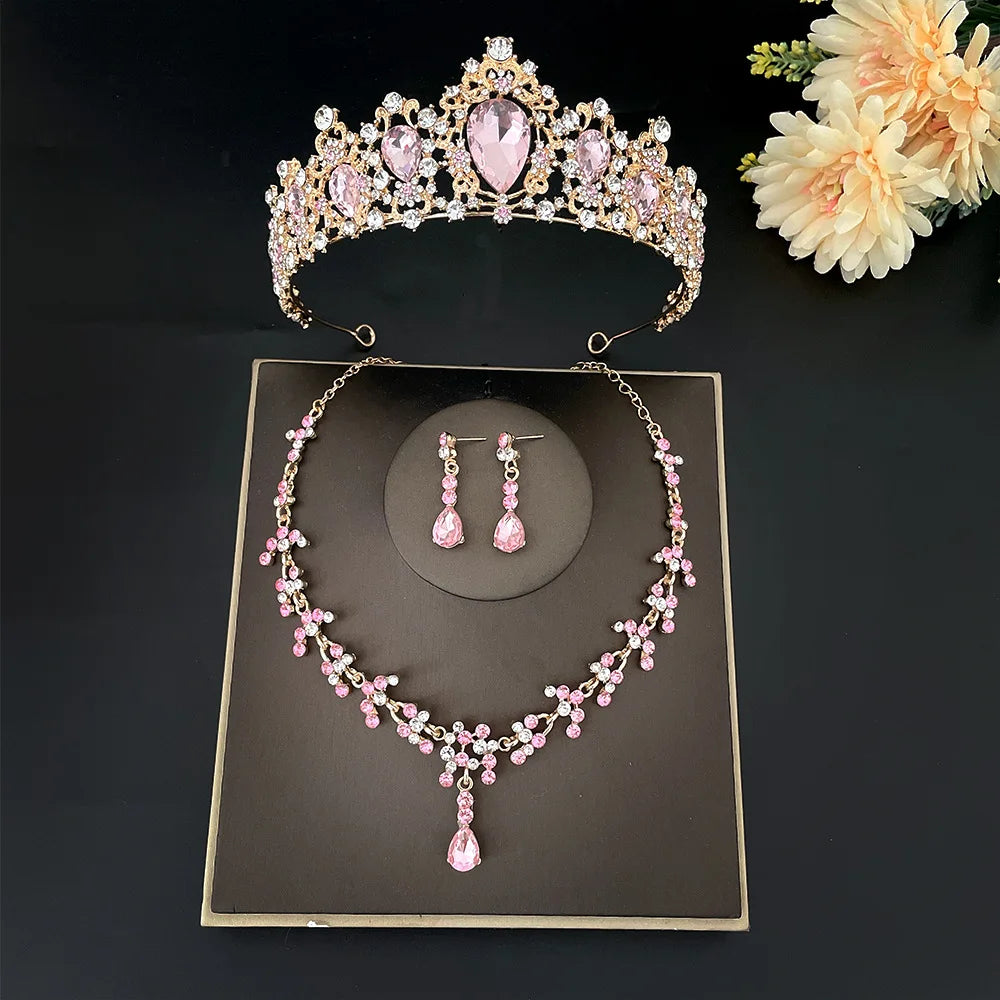 Gold Color Pink Crystal Bridal Jewelry Sets for Women Fashion Tiaras Earrings Necklace Crown Wedding Dubai Jewelry Set - EUFASHIONBAGS