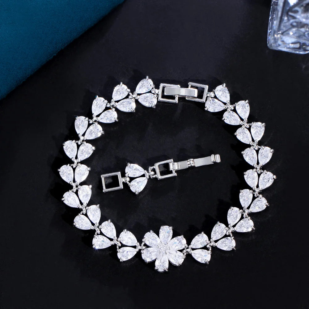 Delicate Flower Leaf Shape Cluster Pink Red Cubic Zirconia Crystal Link Chain Bracelets for Women Wedding Party - EUFASHIONBAGS