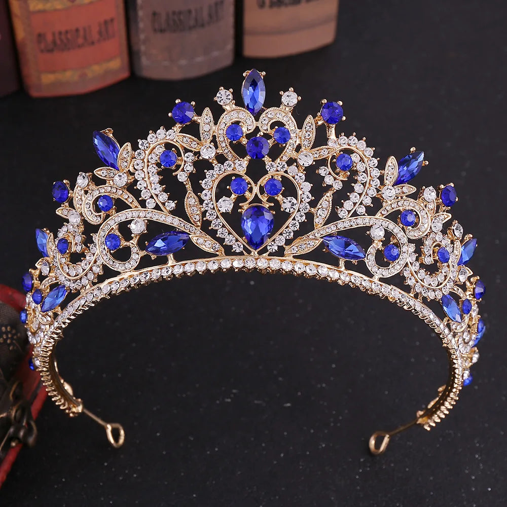 Baroque Gold Color Blue Diadem Rhinestone Crystal Tiaras Bride Headdress Princess Wedding Crown Pageant Hair Jewelry Accessories - EUFASHIONBAGS