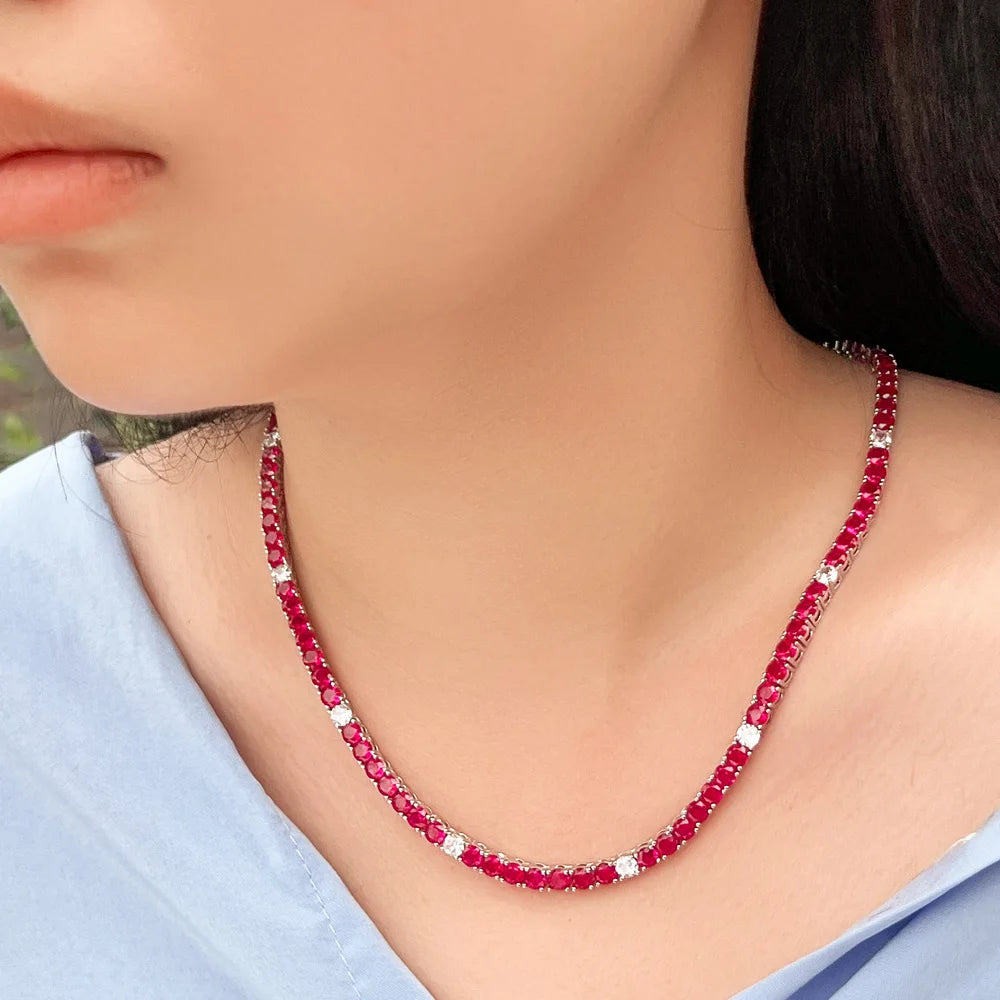 Real 5A Fuchsia Red Cubic Zirconia Shiny Round CZ Tennis Chain Link Necklace for Women Summer Party Jewelry - EUFASHIONBAGS