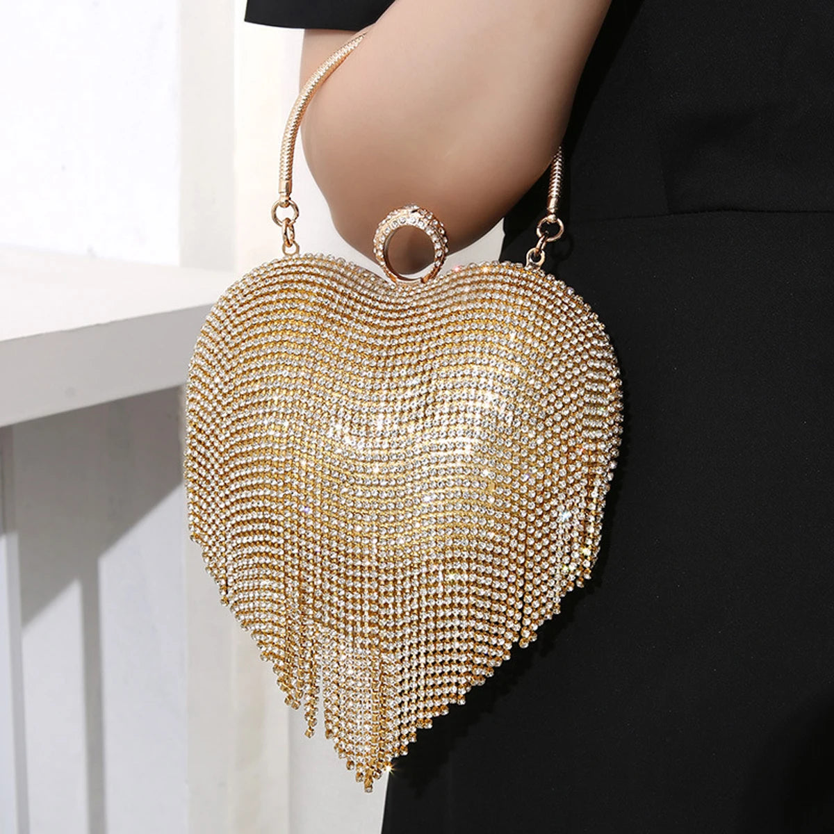 Rhinestone Evening Bag Heart Pattern Silver Handbag Womens Diamond Tassel Banquet Clutch And Purse Wedding Bridal Prom Wallets