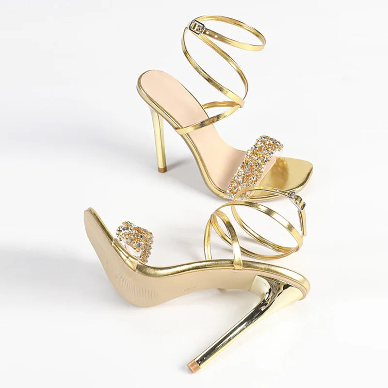 Square Toe Sequined PVC Transparent Women Sandals High Heels Wedding Banquet Shoe Gold Ankle Strap Sandalias Mujer