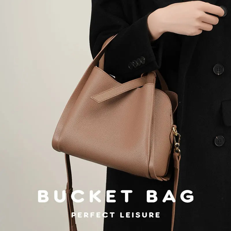 Genuine Leather Women's Bucket Bag Luxury Designer High Quality Cowhide Women Crossbody Shoulder Bags Large Handbag