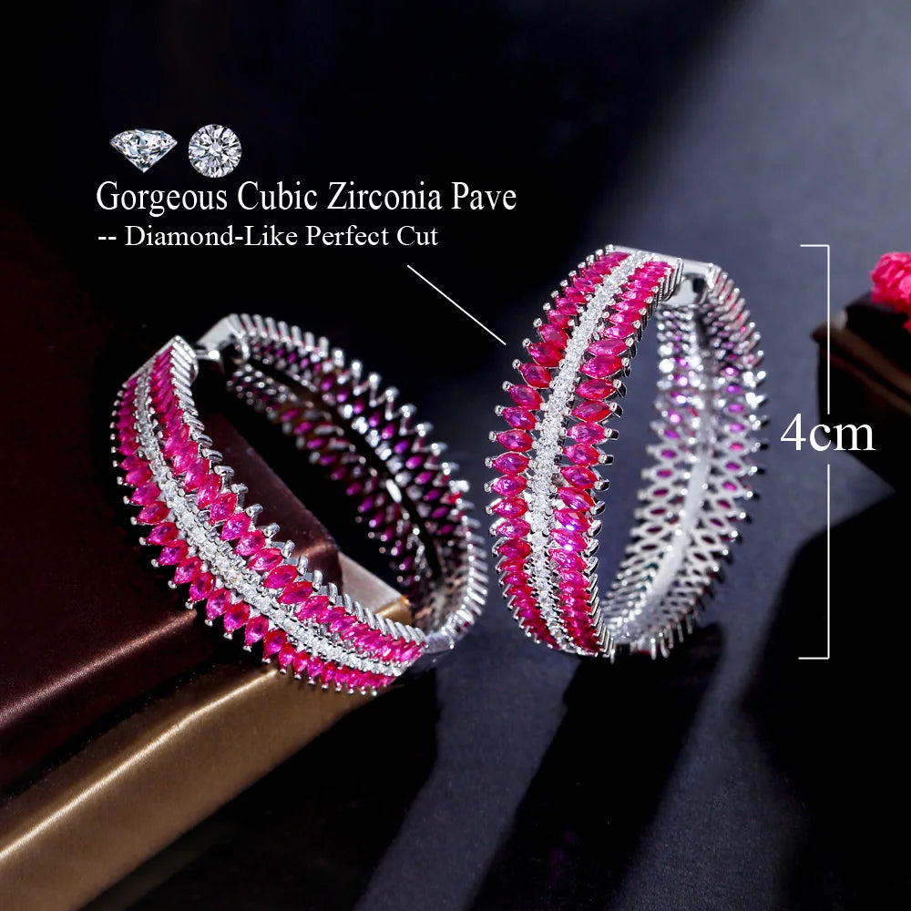 Genuine Cubic Zirconia Pave Fuchsia Red CZ Big Chunky Round Two Sided Hoop Earrings for Women Luxury Jewelry - EUFASHIONBAGS