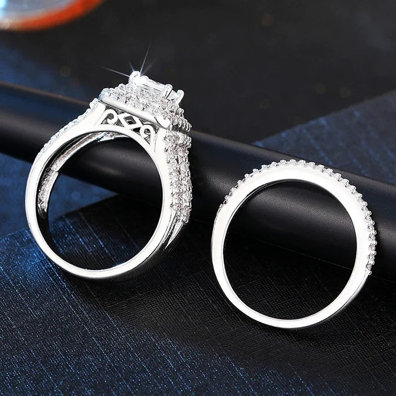 Trendy 2Pcs Set Wedding Rings for Women Luxury Silver Color Cubic Zirconia Engagement Party Statement Female Jewelry