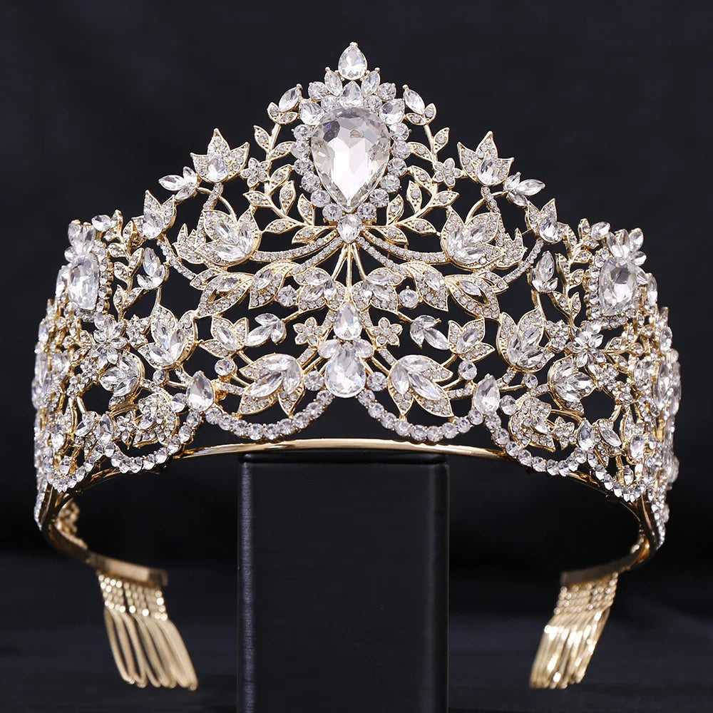 Baroque European Big Luxury Crystal Bride Wedding Crown Large Rhinestone Drop Queen Tiara Party Show Hair Jewelry Accessory Gift - EUFASHIONBAGS