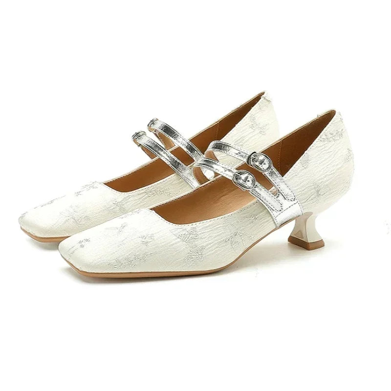 2025 New Designer High Heels Women Silk Square Toe Elegant Dress Shoes Female Comfort Fashion Belt Buckle Low Heel Shoes Women