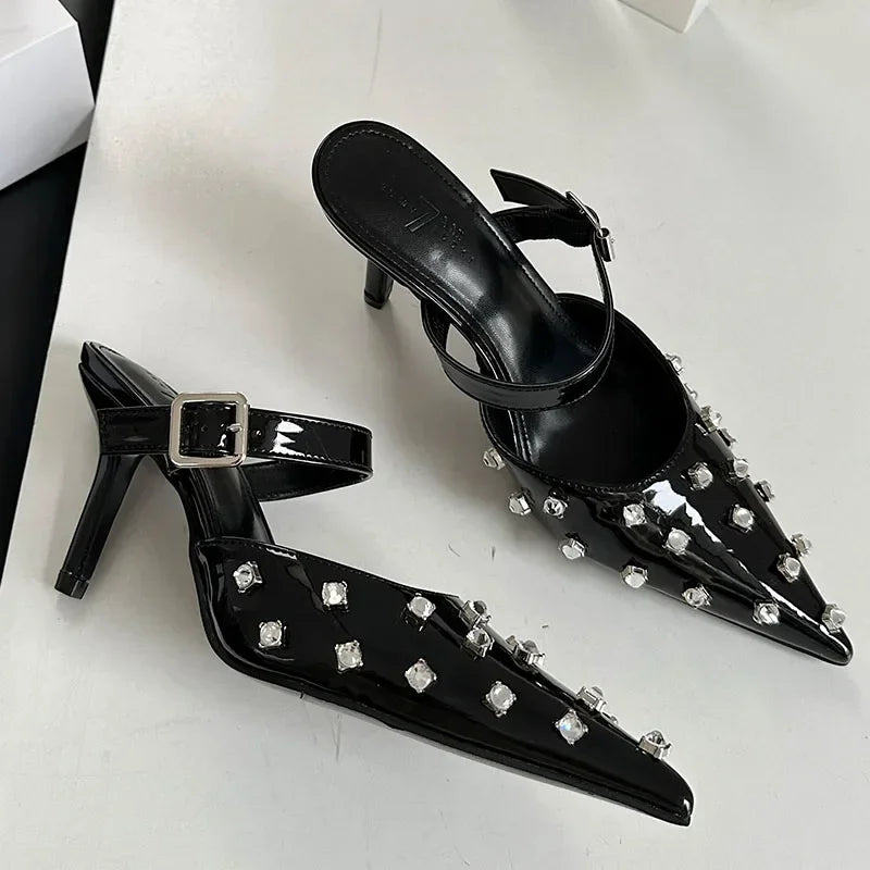 Luxury Rhinestone Mules Pumps Women 2025 New Summer Sexy Pointed Toe Thin High Heels Sandals Ladies Crystal Brand Slippers Women