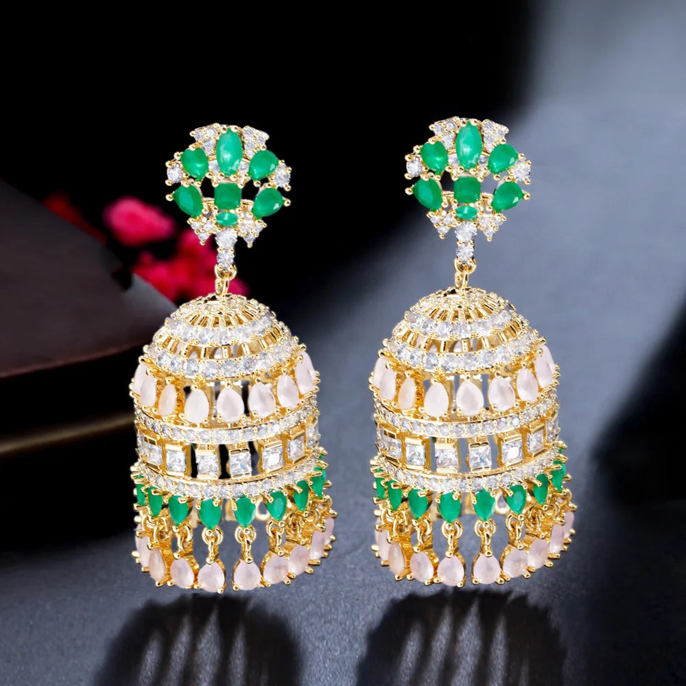 New Indian Trendy Round Shape Gold Plated Multicolor CZ Bell Long Earring for Women Luxury Dubai Bridal Jewelry