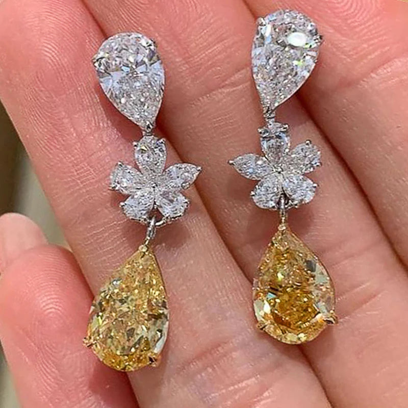 Aesthetic Bride Wedding Earrings with Pear Yellow Cubic Zirconia Flower Design Earrings for Women Luxury Trendy Jewelry