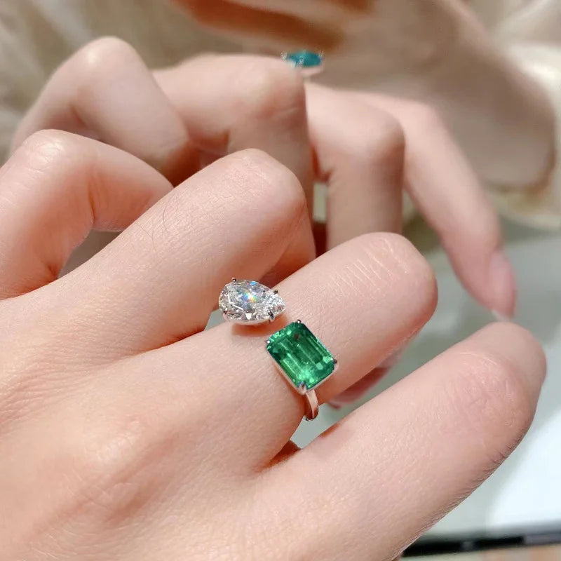 Unique Design Opening Rings for Women White Pear/Square Green CZ Silver Color Band Temperament Wedding Rings Lady Jewelry