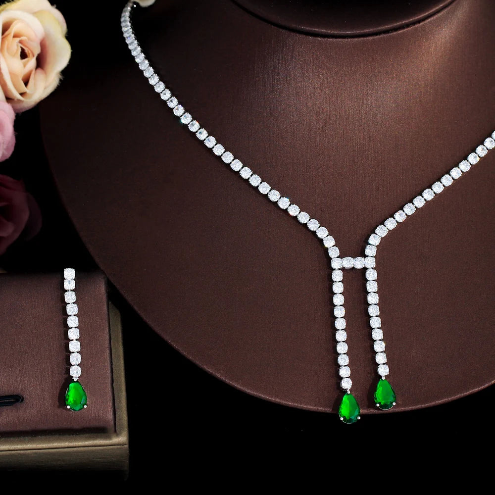 Simple Fashion Dangling Drop Green Cubic Zirconia Women Party Wedding Necklace Jewelry Sets for Brides Accessory - EUFASHIONBAGS