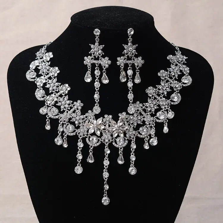 Luxury Silver Color Crystal Flowers Bridal Jewelry Set For Women Statement Necklace Earring Rhinestone Tiara Wedding Accessories - EUFASHIONBAGS