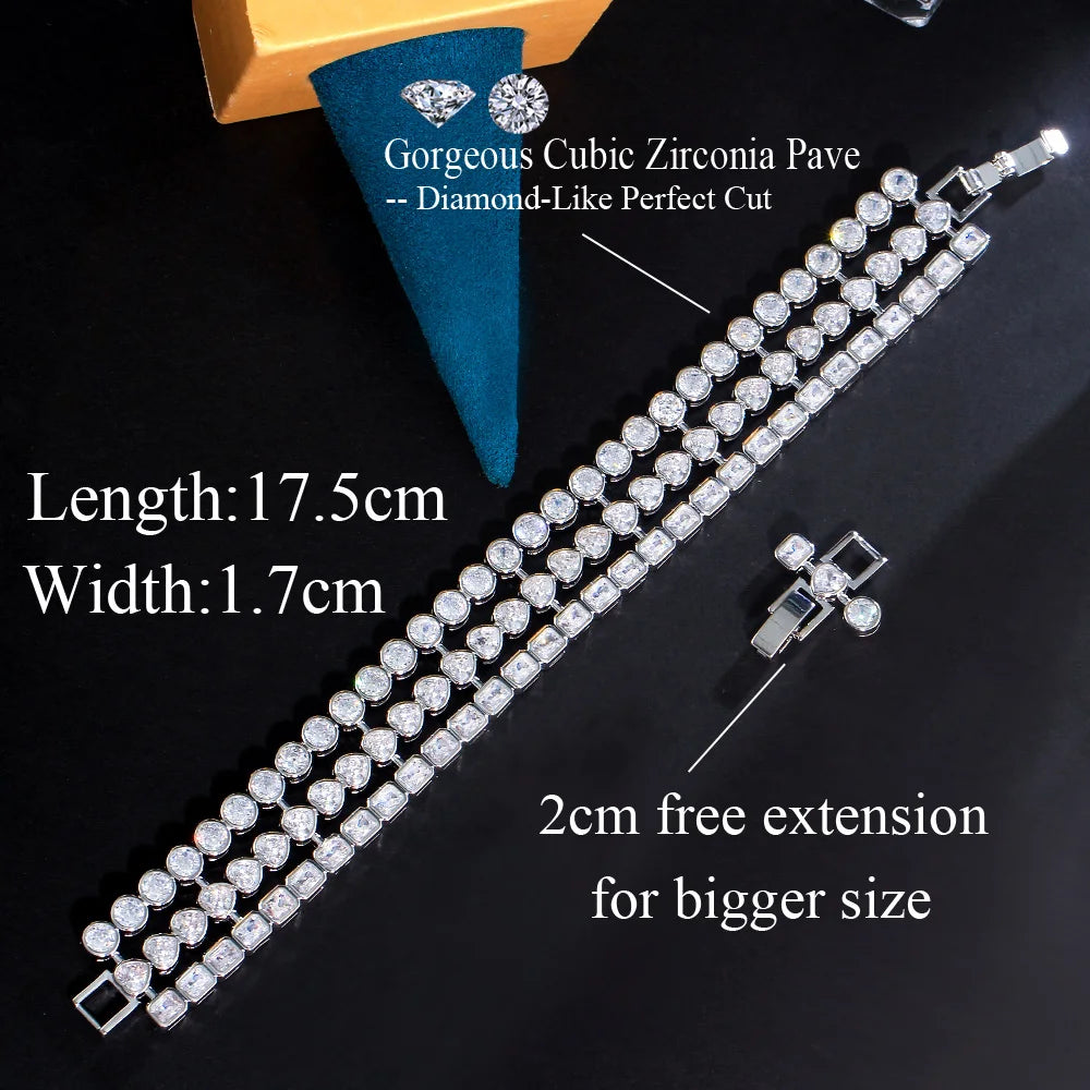 Multiple Round Heart Shape Cubic Zirconia Paved Shiny Big Chunky Luxury Wedding Bridal Party Bracelet for Women - EUFASHIONBAGS