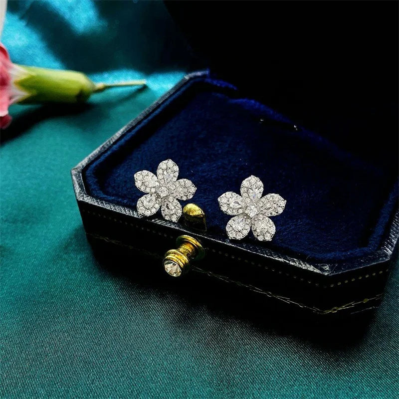 Silver Color Crystal Cubic Zirconia Flower Earrings for Women Fancy Ear Accessories Birthday Gift Piercing Trendy Jewelry - EUFASHIONBAGS