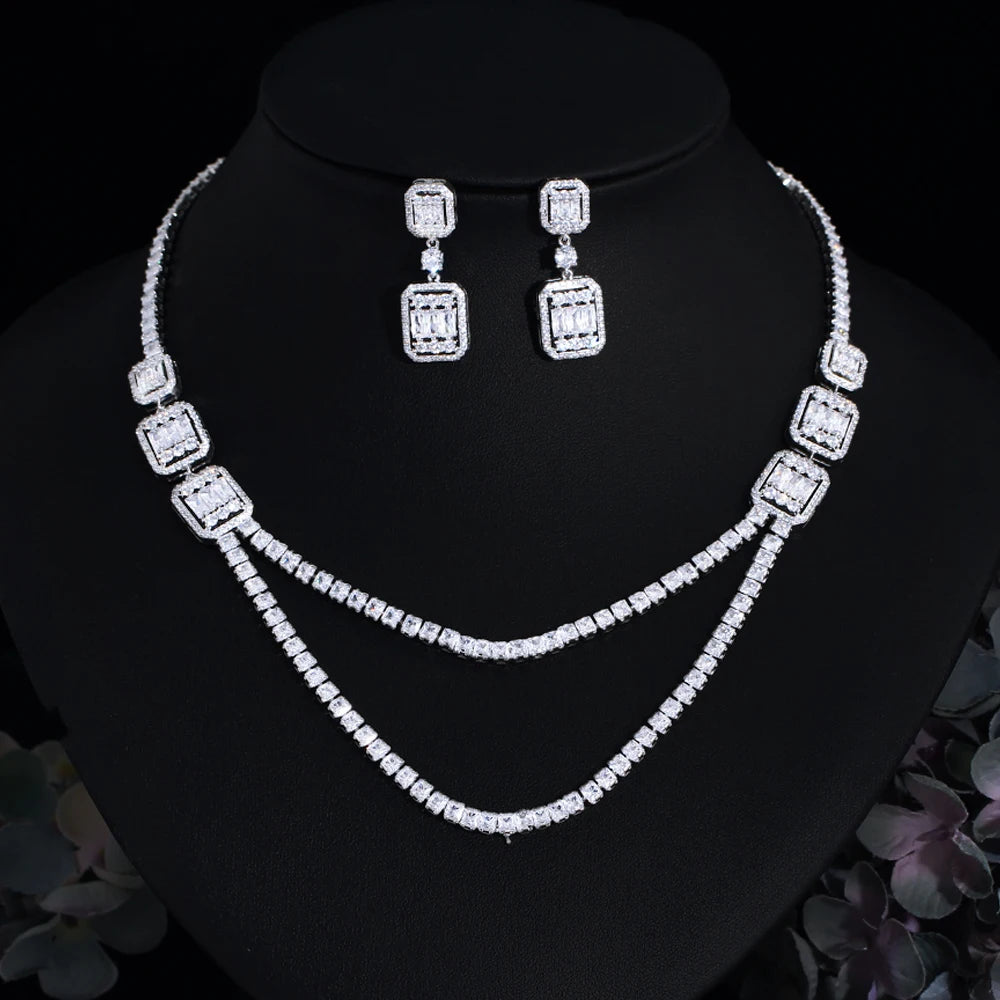 Shiny White Cubic Zirconia Double Layered Wedding Evening Necklace Bridal Party Wear Jewelry Sets for Women - EUFASHIONBAGS