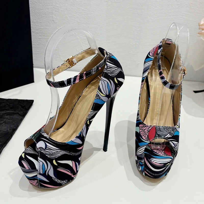 Fashion Design Hand-Painted Leather Platform Pumps Women Slingback Sandals Sexy Peep Toe High Heels Strip Pole Dance Shoes