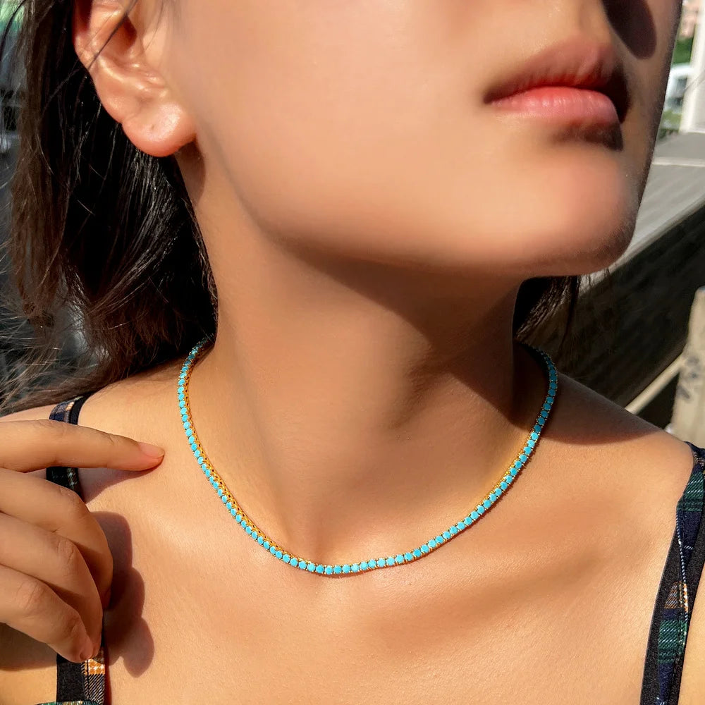 3mm Round Turquoises Stone Paved Classic Tennis Chain Necklace for Women Fashion Gold Color Choker Jewelry Gift - EUFASHIONBAGS