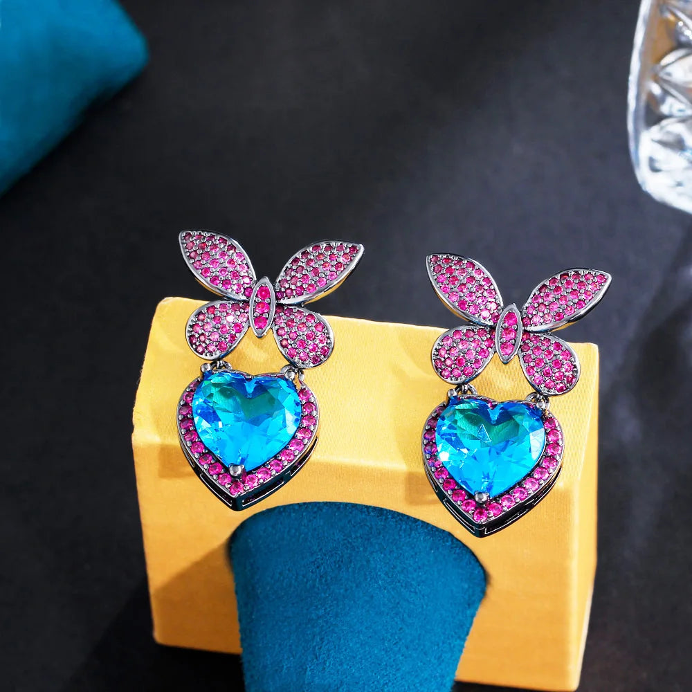 Beautiful Fuchsia Red Cubic Zircon Butterfly Chic Dangly Light Blue Heart Charm Drop Earrings for Women Party