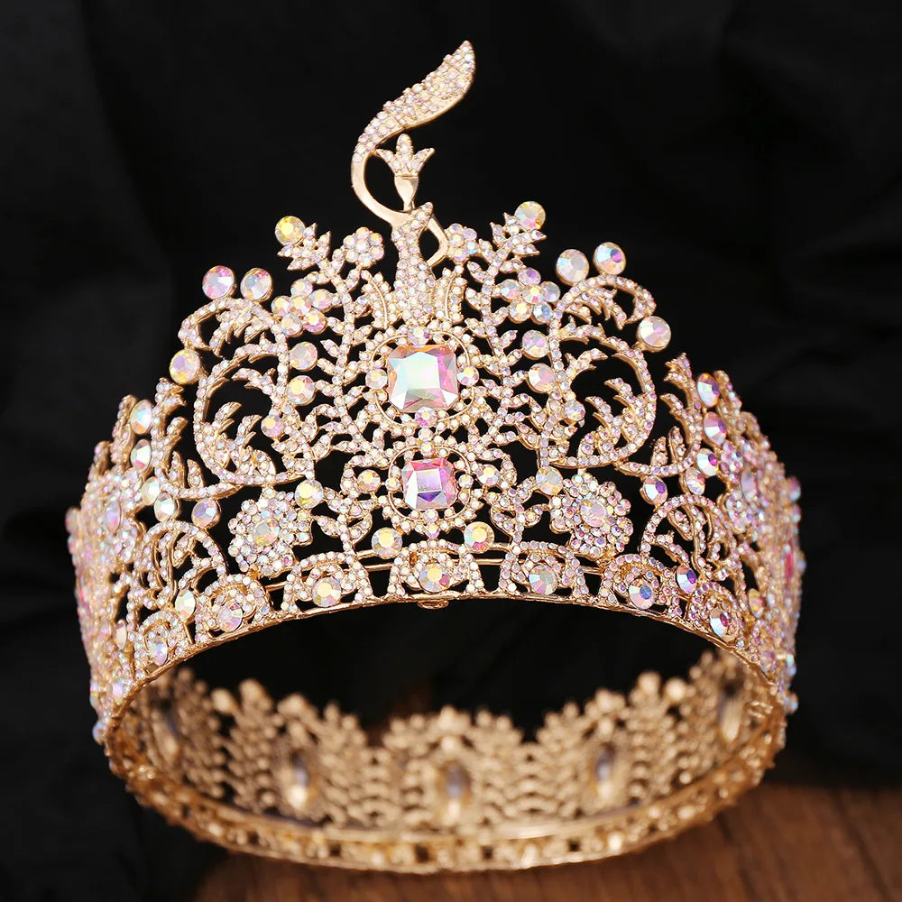 Baroque Miss Grand International Big Crown Round Wedding Pageant Rhinestone Crystal Tiaras Crown for Pageant Fans Hair Accessory - EUFASHIONBAGS