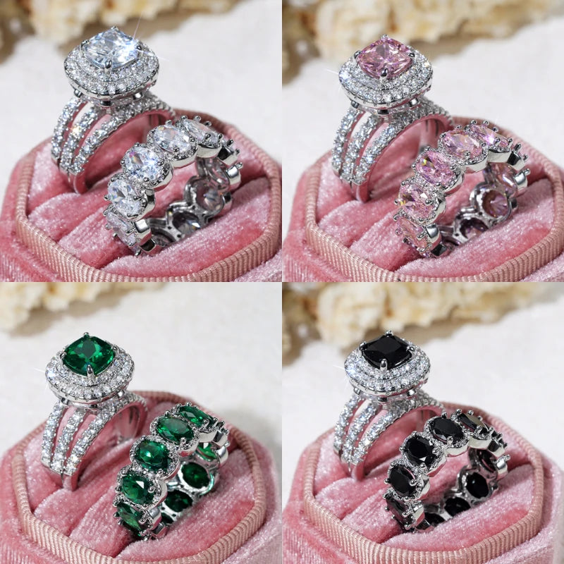 2Pcs Wedding Rings for Women White/Pink/Green/Black Cubic Zirconia Set Rings Luxury Trendy Engagement Jewelry - EUFASHIONBAGS